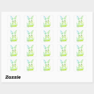 Adesivo Quadrado Tema de Festa Coelhinho Verde Fofo Floral Pastel