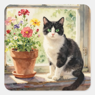 Adesivo Quadrado Tema de Gato e Flor