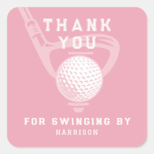 Adesivo Quadrado Tema de Golfe Aniversário Par-tee Obrigado Rosa