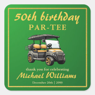 Adesivo Quadrado Tema de Golfe Elegante Carrinho Verde Dourado 50º