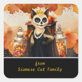 Adesivo Quadrado Tema de Halloween para Amantes de Gatos com doces