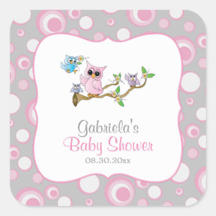 Adesivo Quadrado Tema do Chá de fraldas de de Baby Owen, rosa e C