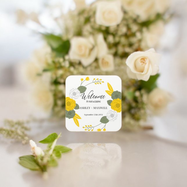 Adesivo Quadrado Tema Floral Bem-vindo (Floral Wedding party theme sticker,birthday party sticker,gift pack,envelope,return gift sticker)