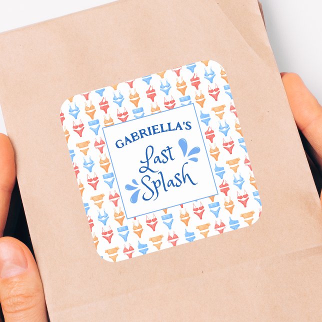 Adesivo Quadrado Tema personalizado "Última apresentação" divertido (Custom Bachelorette Party Stickers - Last Splash Beach Theme with Fun Bikini Pattern!)