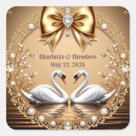 Adesivo Quadrado 💎 Tema Romântico de Casamento com Cisne Dourado �