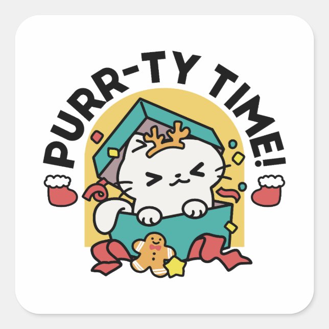 Adesivo Quadrado Tempo Puro! - Design de Natal para Gatos Festivos (Frente)