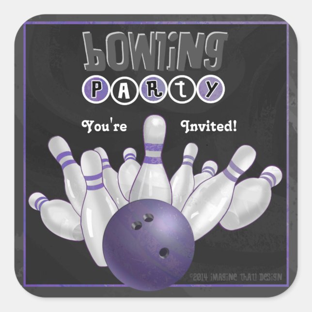 Adesivo Quadrado Tendy Purple Boliche Party Invite Sticker (Frente)