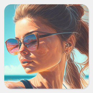 Adesivo Quadrado Tenha um Excelente de Verão Linda mulher em Prai