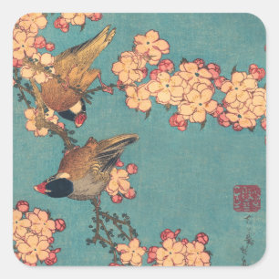 Adesivo Quadrado Tentilhão-de-bico-grosso de Hokusai e Flor de Cere
