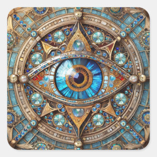 Adesivo Quadrado Terceiro Olho - Mandala Dourada Turquesa Azul