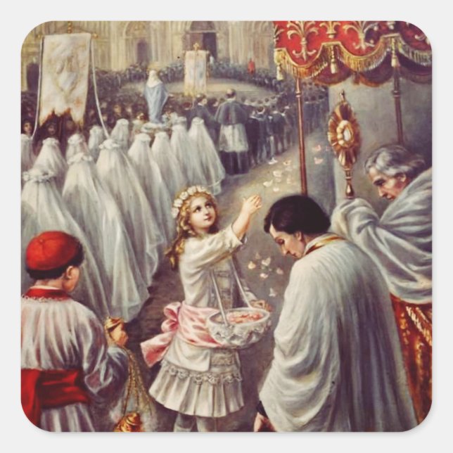 Adesivo Quadrado Teresa joga flores ao abençoado Sacramento (Frente)