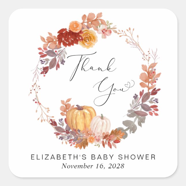 Adesivo Quadrado Terracotta Pumpkin Wreath Chá de fraldas Obrigado (Frente)