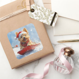 Adesivo Quadrado Terrier australiano em Sledge Deixe que neve no Na