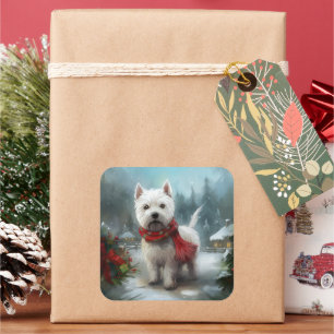 Adesivo Quadrado Terrier Branco do West Highland na neve Natal