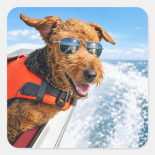 Adesivo Quadrado Terrier Galês Feliz em um Barco