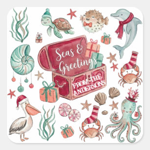 Adesivo Quadrado Tesouros do Oceano Mar & Saudações Natal à Beira-M