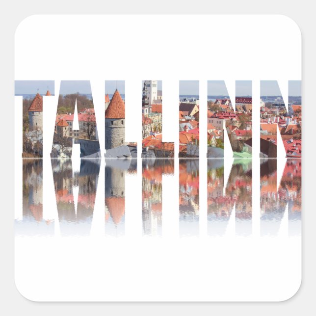 Adesivo Quadrado Texto de Tallinn composto pela cidade antiga (Frente)