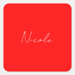Adesivo Quadrado Texto manual Elegante Nome vermelho branco comum