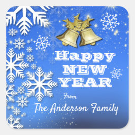 Adesivo Quadrado Texto Personalizado em Flocos de Neve e Sinos Ano 