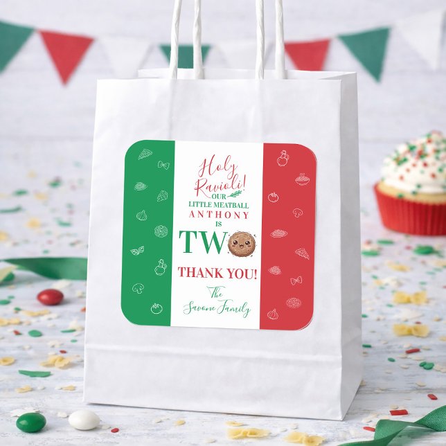 Adesivo Quadrado Thank You Second Birthday Party Italian Meatball (Thank You Second Birthday Party Italian Meatball Square Sticker)