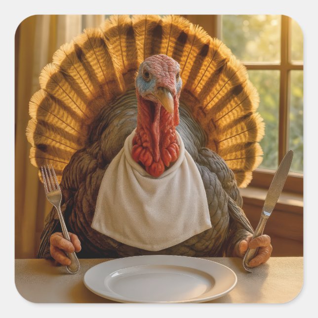 Adesivo Quadrado Thanksgiving Turkey With Knife and Fork (Frente)