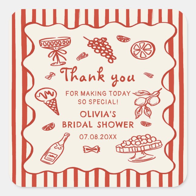 Adesivo Quadrado That's Amore Italian Hand Drawn Bridal Shower (Frente)
