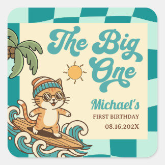 Adesivo Quadrado The Big One Surfer Cat Retro Summer 1st Birthday 