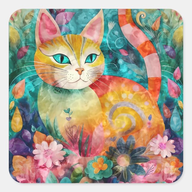 Adesivo Quadrado The Cat with Striking Green Eyes in Flower Garden (Frente)