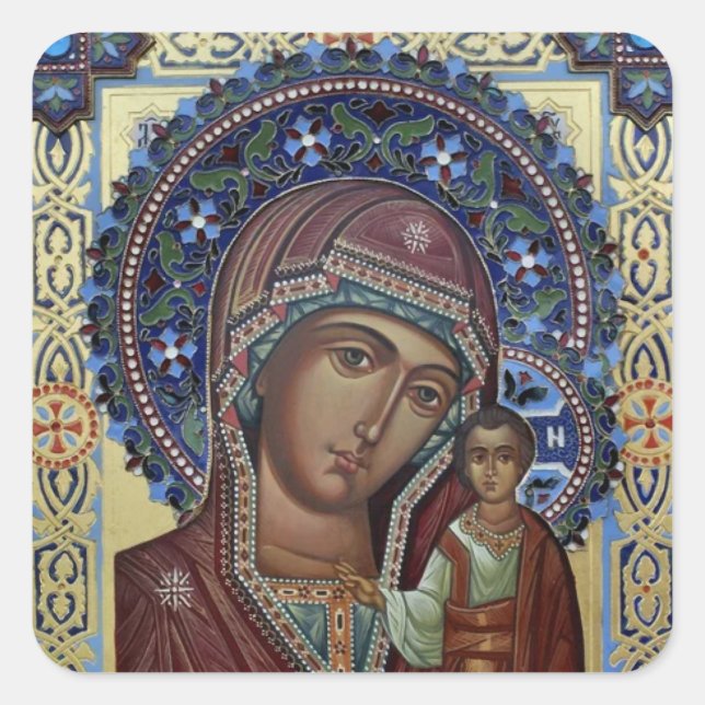 Adesivo Quadrado Theotokos e Filho Cristo com Quadro Ornamentado (Frente)