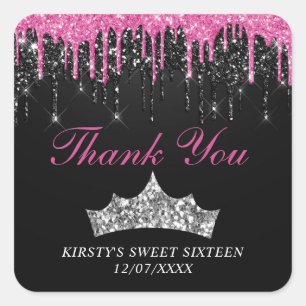 Adesivo Quadrado Tiara Brilhante Rosa Chic Preto Sweet 16