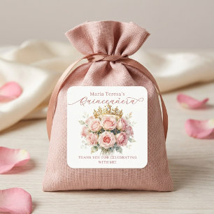 Adesivo Quadrado Tiarra de Rosa Dourada Pastel Aguarela Quinceañera