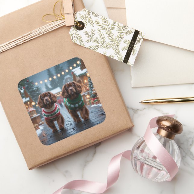 Adesivo Quadrado Tibetan Spaniel Dogs Christmas Snow Holiday (Presentear)