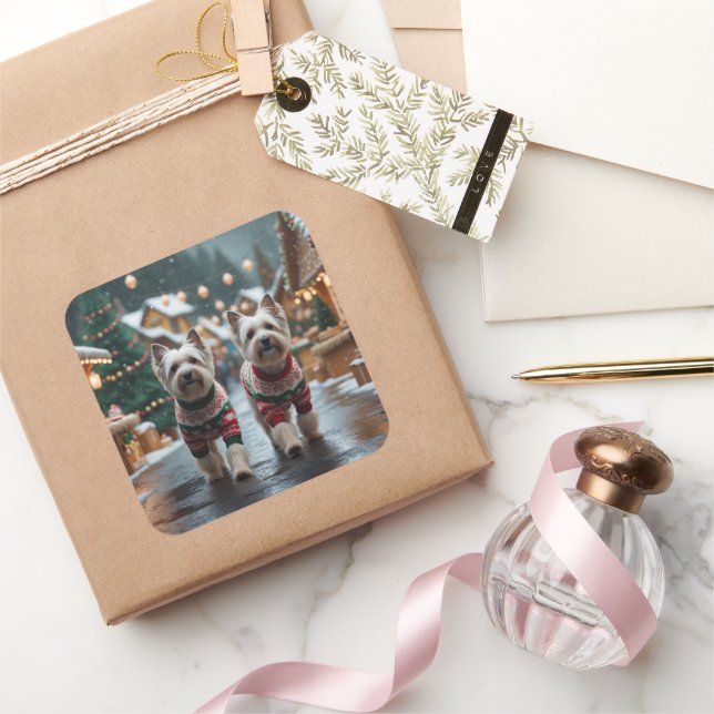 Adesivo Quadrado Tibetan Terrier Dogs Christmas Snow Holiday (Presentear)