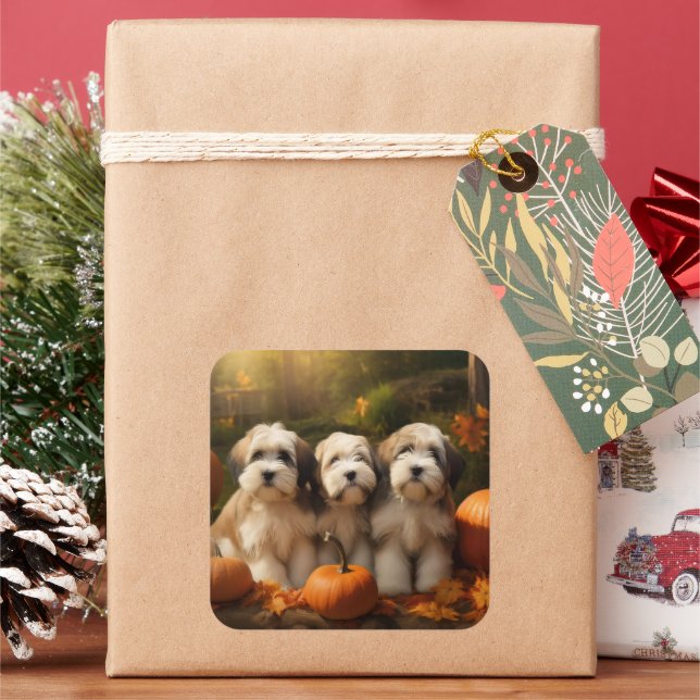 Adesivo Quadrado Tibetano Terrier Puppy Autumn Delight Pumpkin (Feriado)