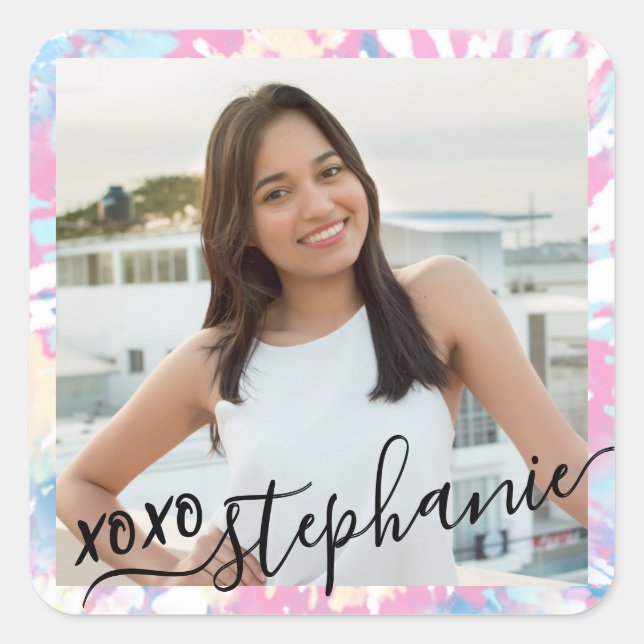 Adesivo Quadrado Tie Dye Obrigado Festa Favor Foto (Frente)