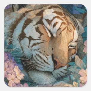 Adesivo Quadrado Tigre Adormecido em Jardim Floral Rosa e Roxo