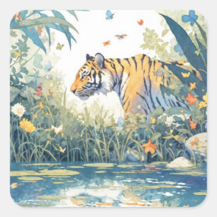 Adesivo Quadrado Tigre Caminhando por Lagoa em Jardim Exuberante de
