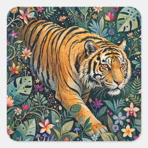 Adesivo Quadrado Tigre com Olhos Âmbar Folhagem da Selva Fantasia