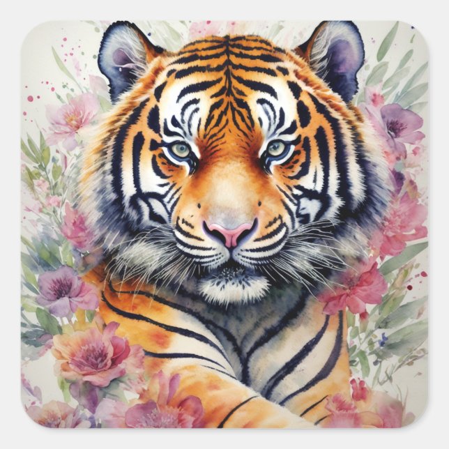 Adesivo Quadrado Tigre De Aquarela Com Flores De Pintura Floral (Frente)