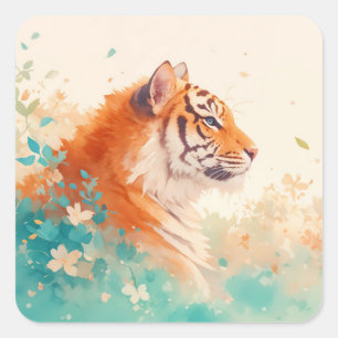 Adesivo Quadrado Tigre em Jardim de Flores Botânicas Pastel Exubera