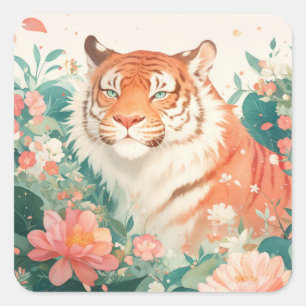 Adesivo Quadrado Tigre Majestoso no Jardim Botânico de Flores