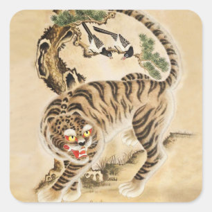 Adesivo Quadrado Tigre Minhwa Antigo sob Árvore de Pinheiro