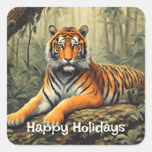 Adesivo Quadrado Tigre Selvagem Na Vintage Florestal Tropical
