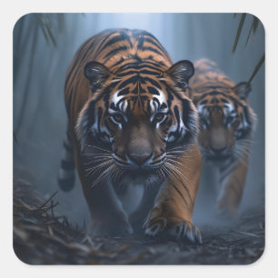 Adesivo Quadrado Tigres Majestosos em uma Selva Foggy