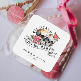 Adesivo Quadrado Til Death Nos Part Skulls & Rosa White Wedding