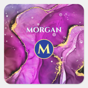 Adesivo Quadrado Tinta líquida violeta vermelha e Dourada, monogram