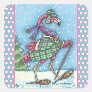 Adesivo Quadrado TINTAS DE NEVE DO INVERNO PINK FLAMINGO Folha Squ