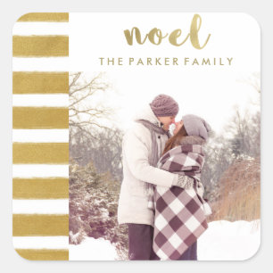 Adesivo Quadrado Tipografia de Natal Dourada Noel Faux com Foto
