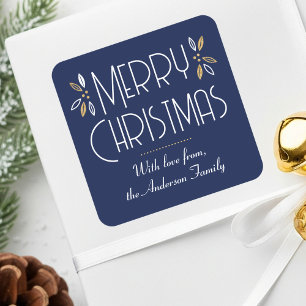 Adesivo Quadrado Tipografia Elegante de Natal Art Déco Azul Escuro