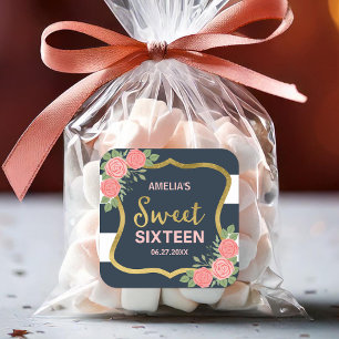 Adesivo Quadrado Tiras Azuis, Rosas Rosa Esbranquiçadas Doce 16